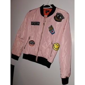 Pink bomber jacket with patches